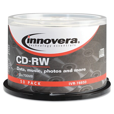 Innovera CD-RW Discs, Rewritable, 700MB/80min, 12x, Spindle, Silver, PK50 IVR78850